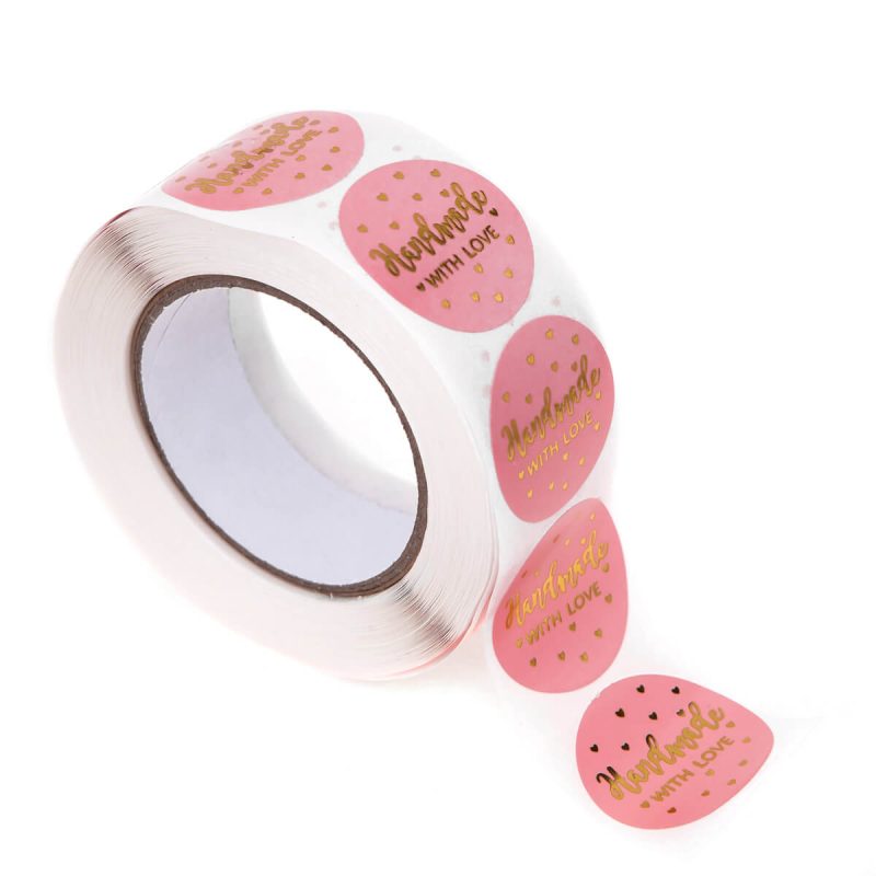 Rola 500 etichete adezive rotunde /stickere Handmade with love - roz & auriu